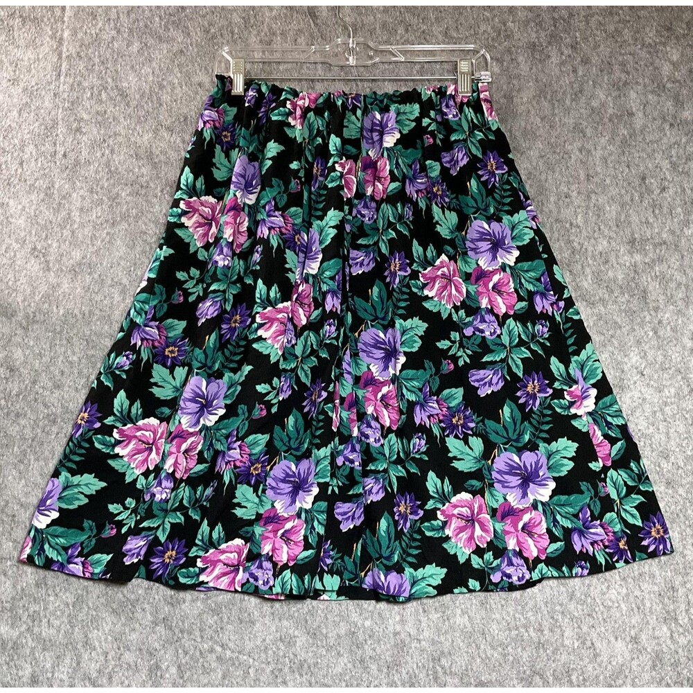 Vintage Skirt Womens Medium Black Floral Elastic Waist Pull On Cottage Prairie
